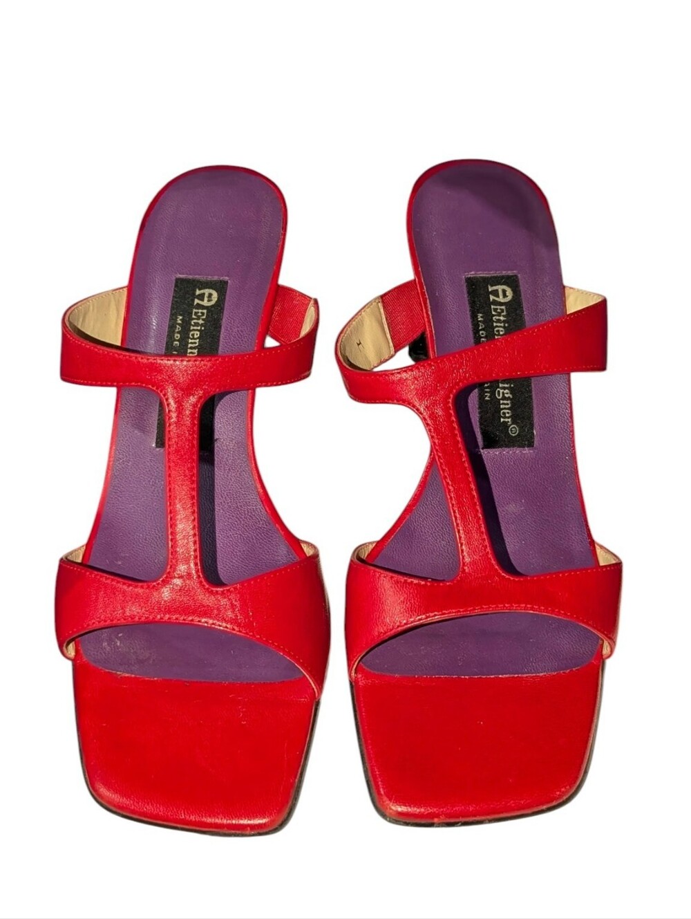 Vintage Etienne Aigner Red Leather Slide Sandals Made In Spain 8M Women's W/Box